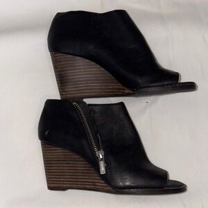 Lucky Brand Black Leather Peep-Toe Wedge Booties